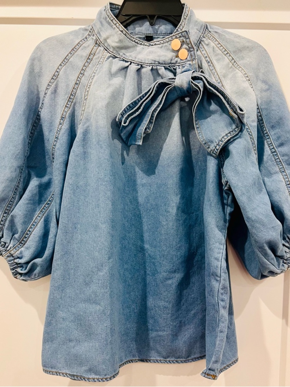 Denim Puff Sleeve Tie Neck Blouse M Boho Balloon Sleeve Bow Top Blue - Picture 2 of 8